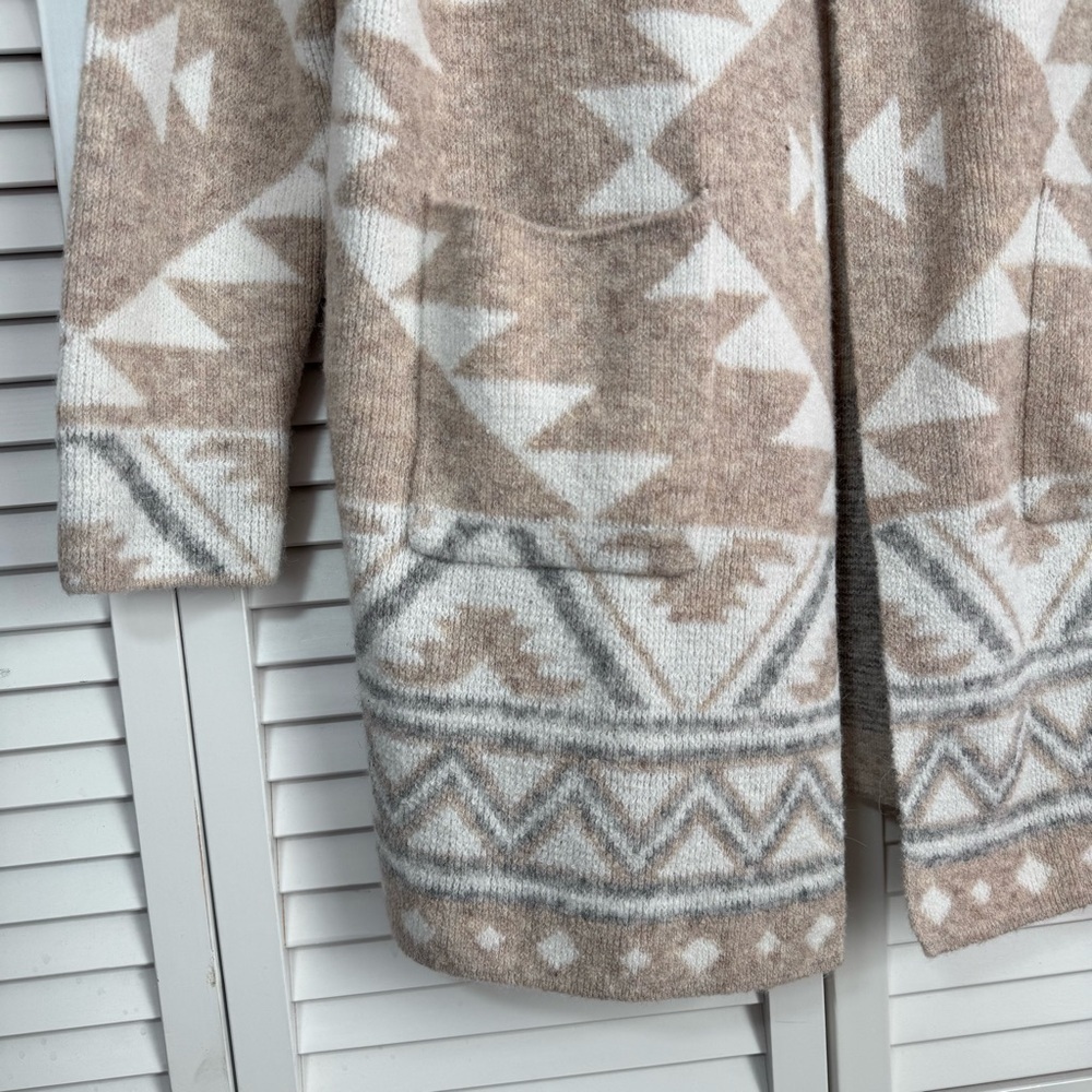 FRYE The Cozy Open Front Cardigan Tan White Western Aztec Nordic Long Medium - Picture 6 of 10